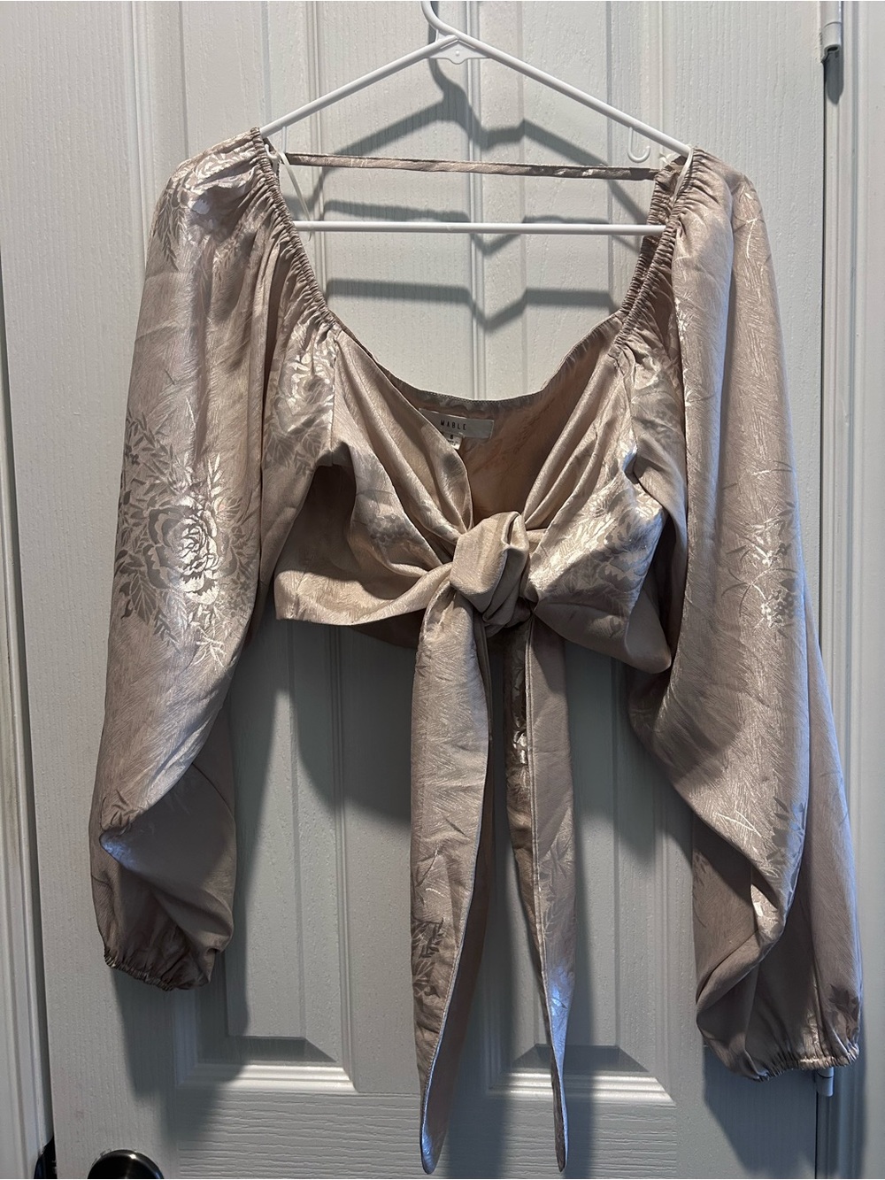 Tie-Front Puff Sleeve Crop Top in Champagne Satin